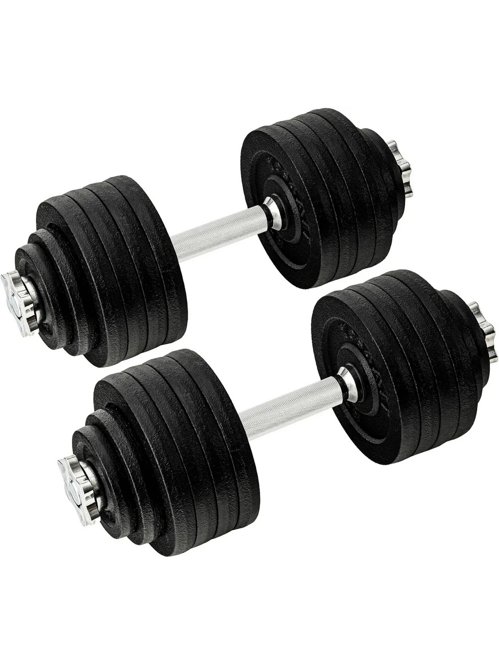 Adjustable cast iron dumbbell set with chrome handles and weight plates for home strength training, model SF3369.