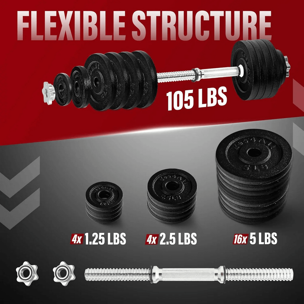 Adjustable cast iron dumbbell set SF3369 with chrome handles and flexible weight options up to 105 lbs, ideal for home gym training.