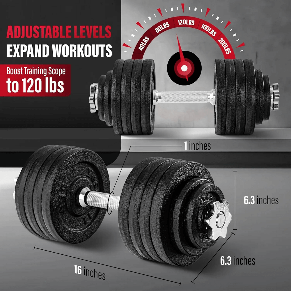 Adjustable cast iron dumbbell set SF3369 for versatile training, with chrome handles and star-lock collars, adjustable up to 120 lbs.