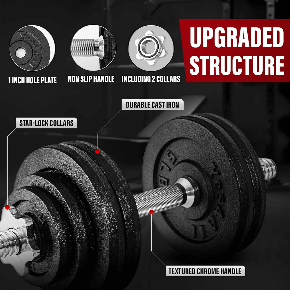 Adjustable cast iron dumbbell set SF3369 with textured chrome handles and star-lock collars for secure strength training.