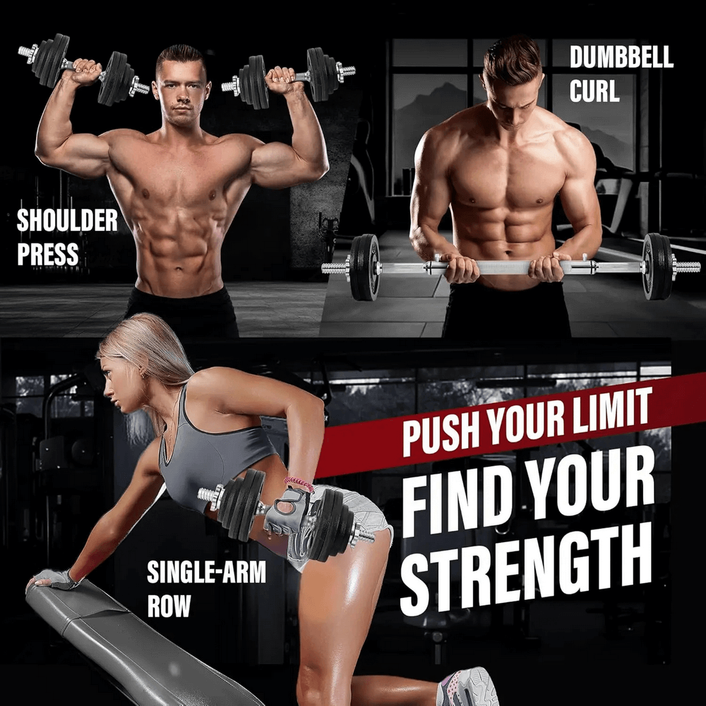Muscular athletes using adjustable dumbbell set for shoulder press, dumbbell curl, and single-arm row, promoting strength training.
