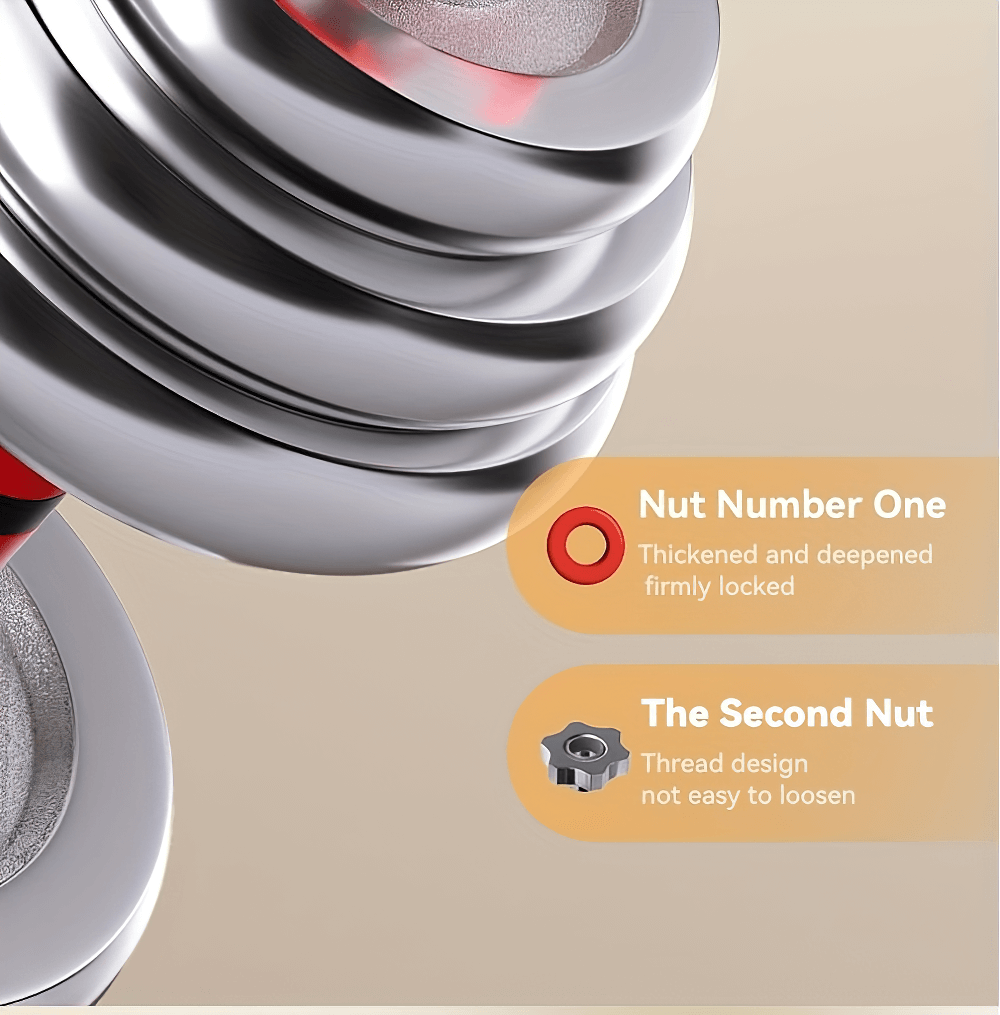 Close-up of adjustable chrome dumbbell SF2921 showing nut design for secure use in home workouts.