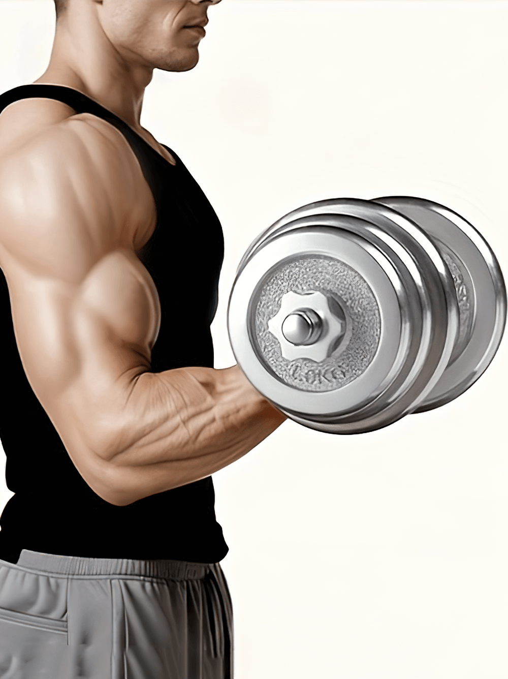 Man performing bicep curl with adjustable chrome dumbbell from SF2921 set, emphasizing versatile strength training and home gym fitness.