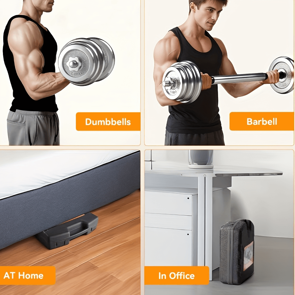 Versatile chrome dumbbell and barbell set for home and office gym workouts; compact storage solution for strength training.