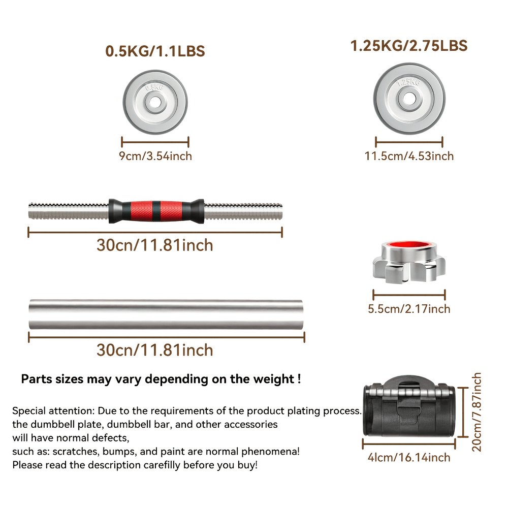 Detailed diagram of adjustable chrome dumbbell and barbell set components with measurements for SF2921 strength training.