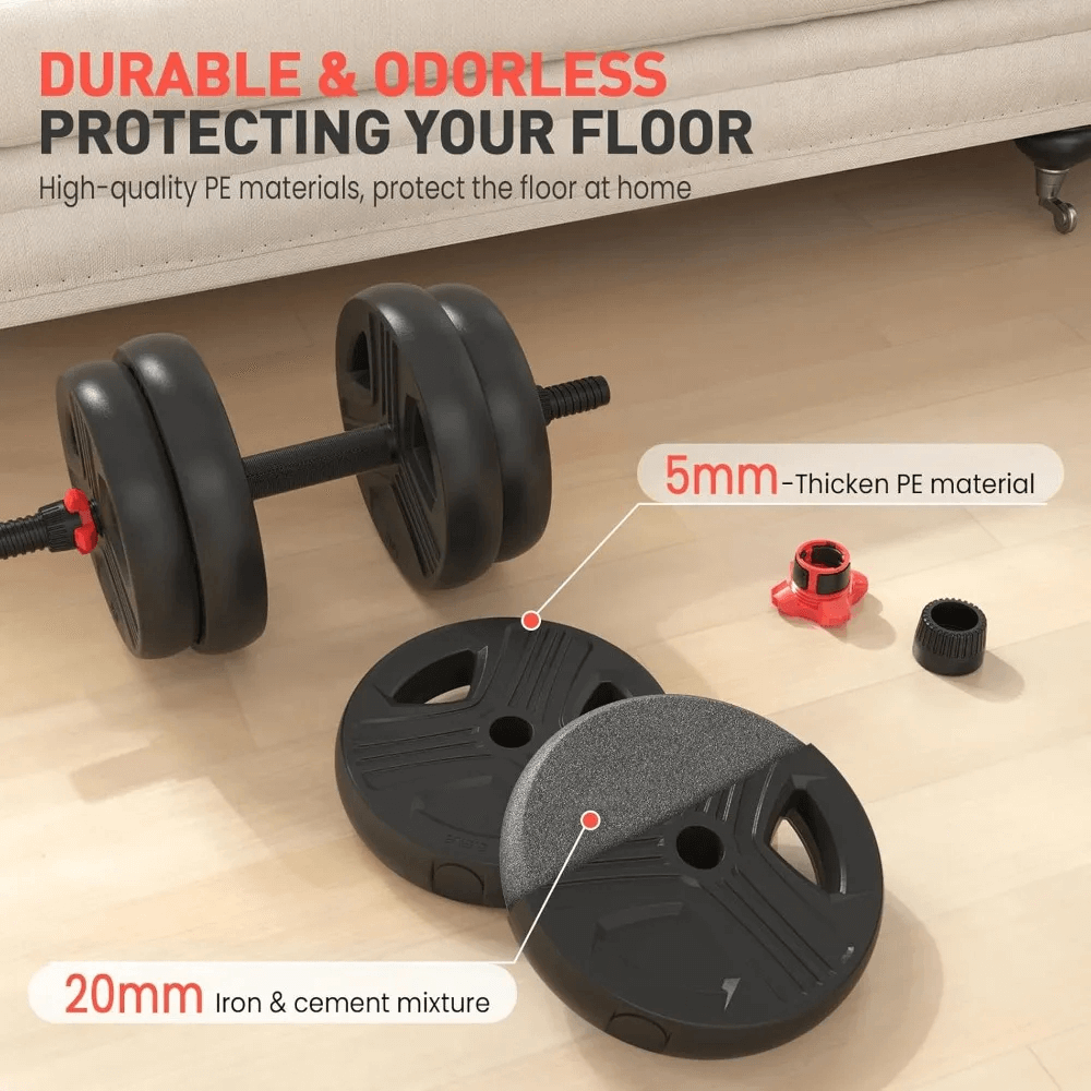 Durable adjustable dumbbell set with PE material protecting the floor, showing 5mm thick PE and 20mm iron-cement weights.