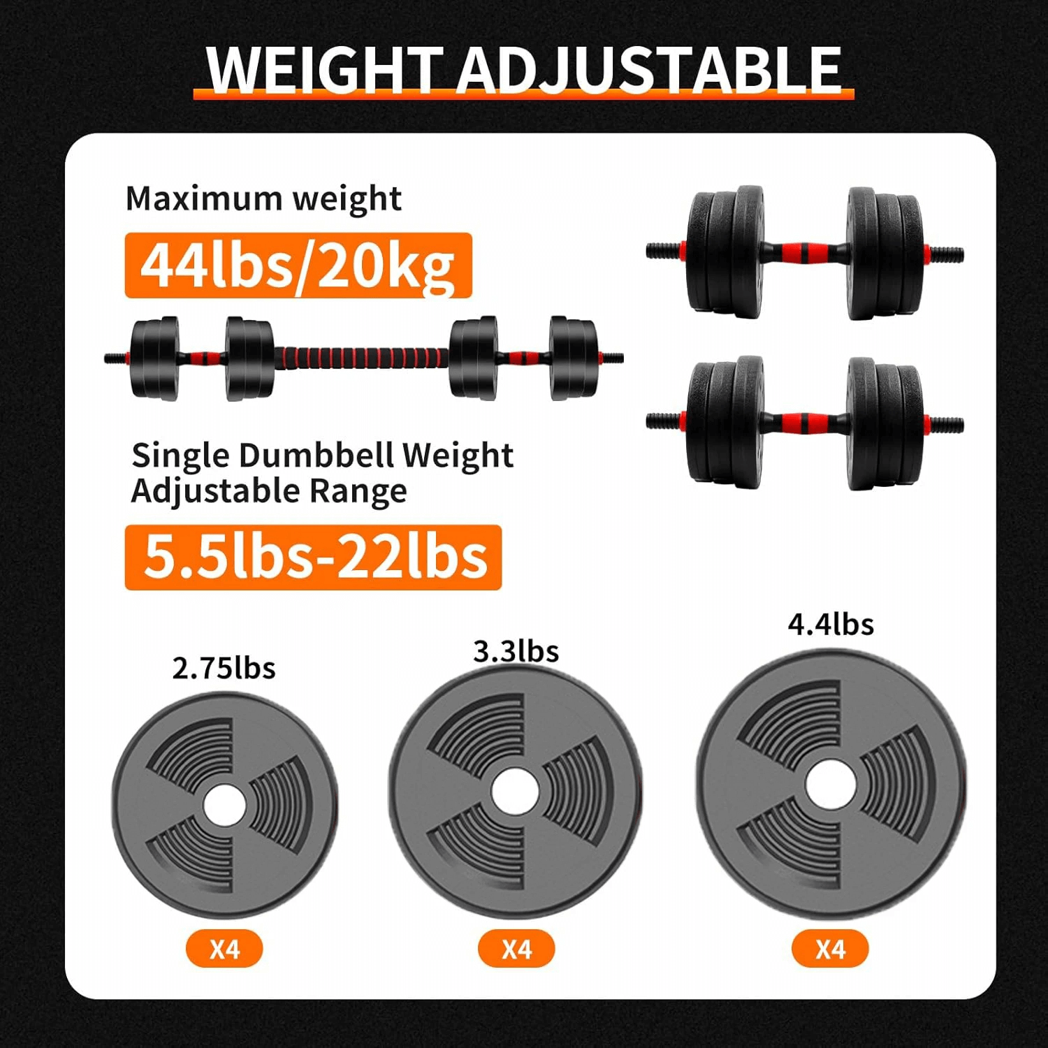 Adjustable dumbbell and barbell set with weight plates, max weight 44lbs, converts for strength and home training.