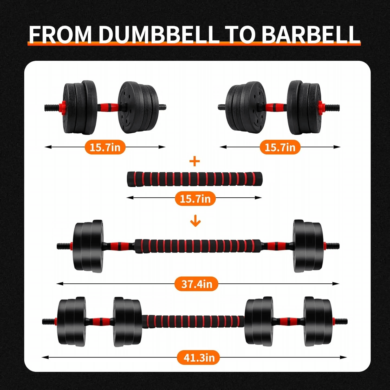 Adjustable Dumbbell and Barbell Set with Connector SF3328 showing conversion from dumbbells to barbell with dimensions.