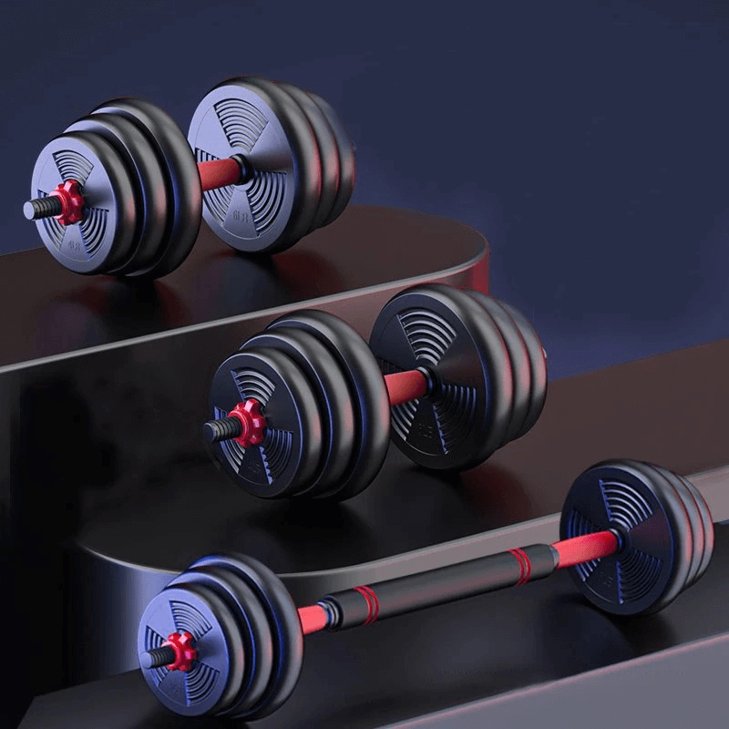 Convertible adjustable dumbbell and barbell set with connector and non-slip grips for home strength training on a stylish display.