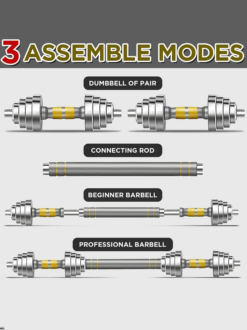 Adjustable dumbbell and barbell set showing three assemble modes for versatile workouts.