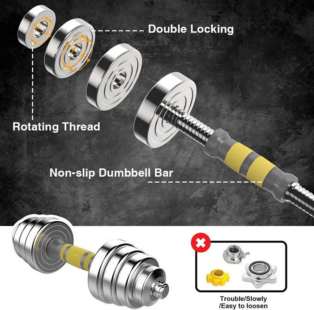 Adjustable steel dumbbell with non-slip grip and double-locking system, featuring a rotating thread for secure weight training.