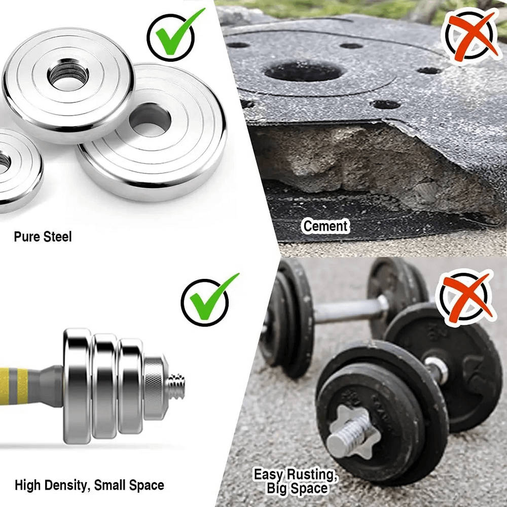Pure steel weight plates vs cement, highlighting durability and space-saving benefits of adjustable dumbbell barbell set.