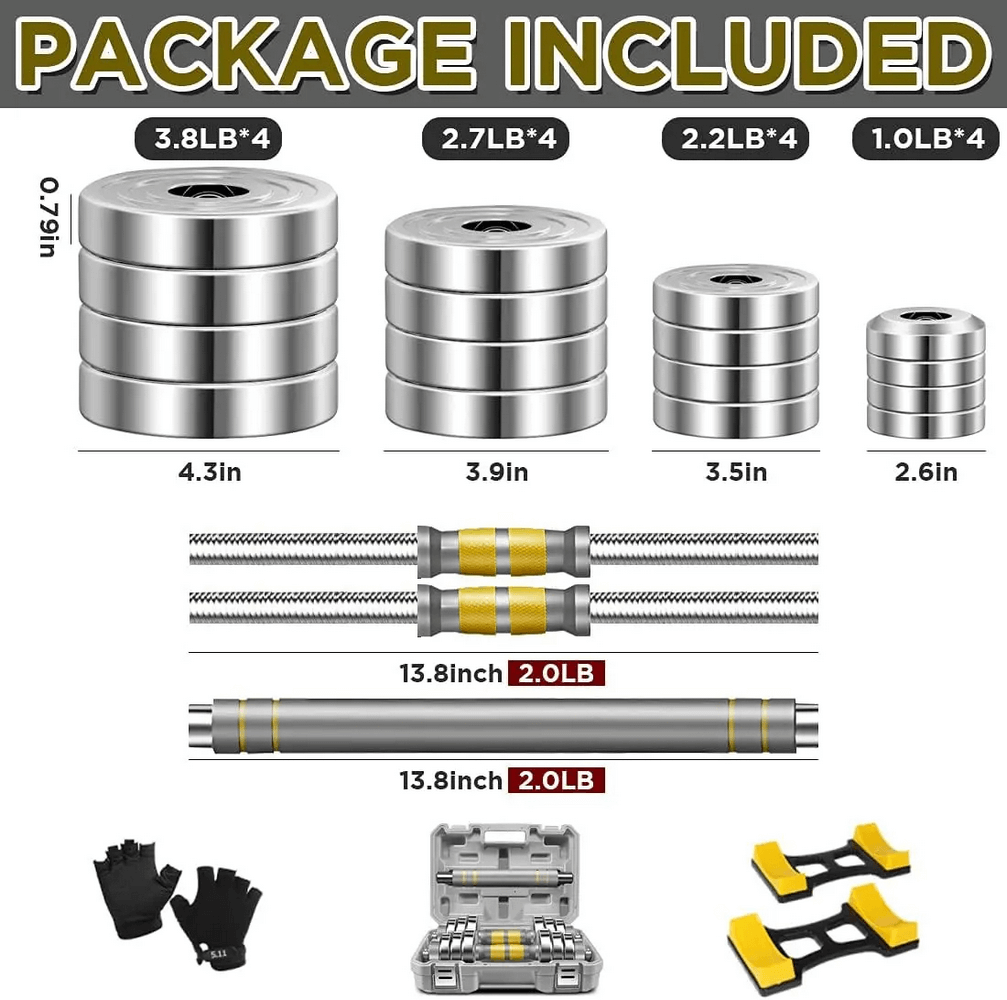 Complete adjustable dumbbell and barbell weight set SF3385 with steel plates, bars, gloves, and carrying case.