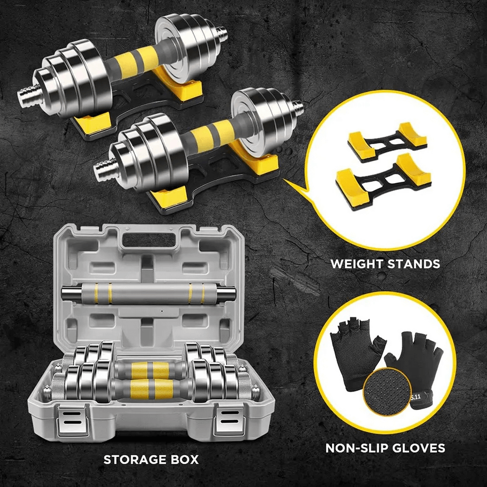 Adjustable dumbbell and barbell weight set SF3385 with steel weights, stands, non-slip gloves, and storage box for home gym use.