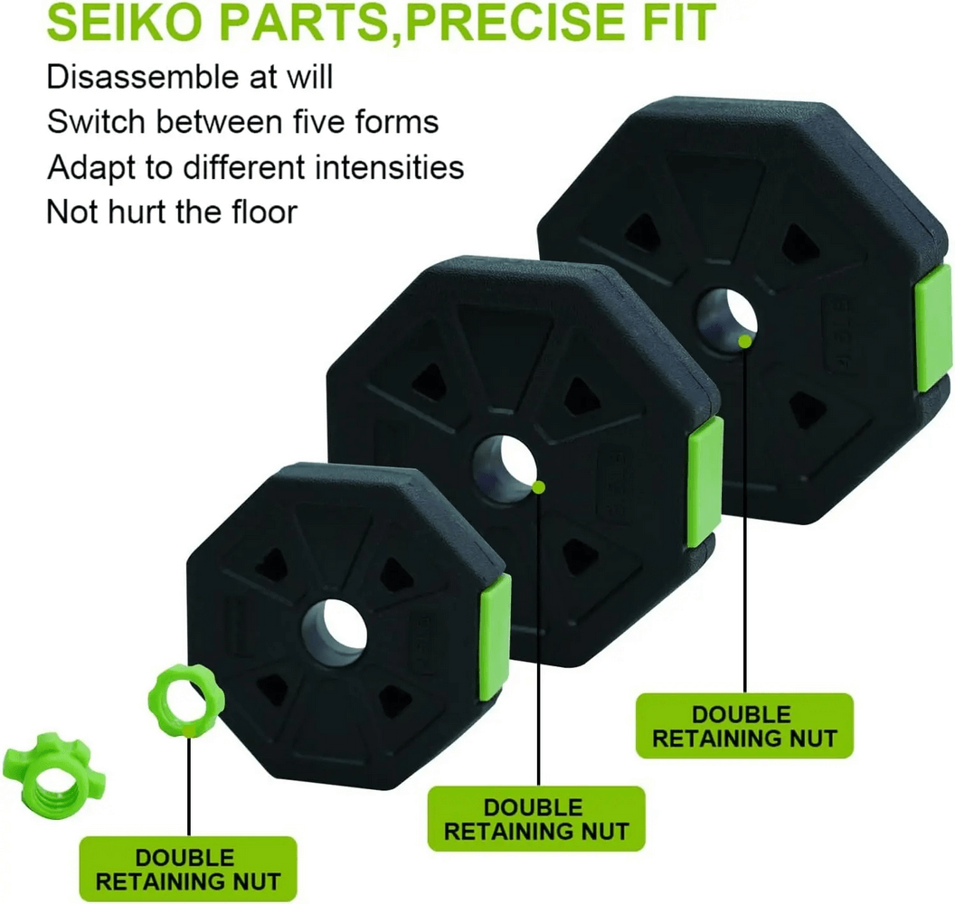 Close-up of adjustable dumbbell weight plates with green retaining nuts, showcasing modular design and versatility for workouts.