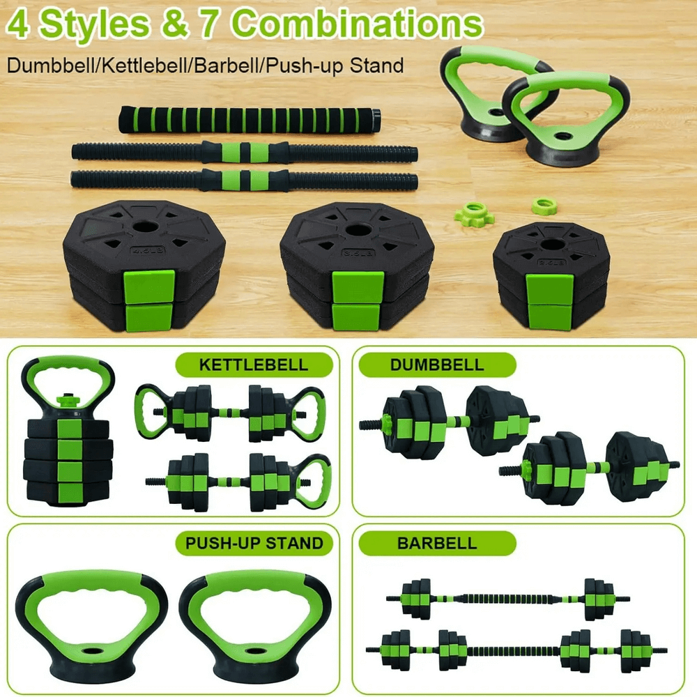 Versatile 4-in-1 weight set featuring dumbbell, barbell, kettlebell, and push-up stand configurations for home workouts.