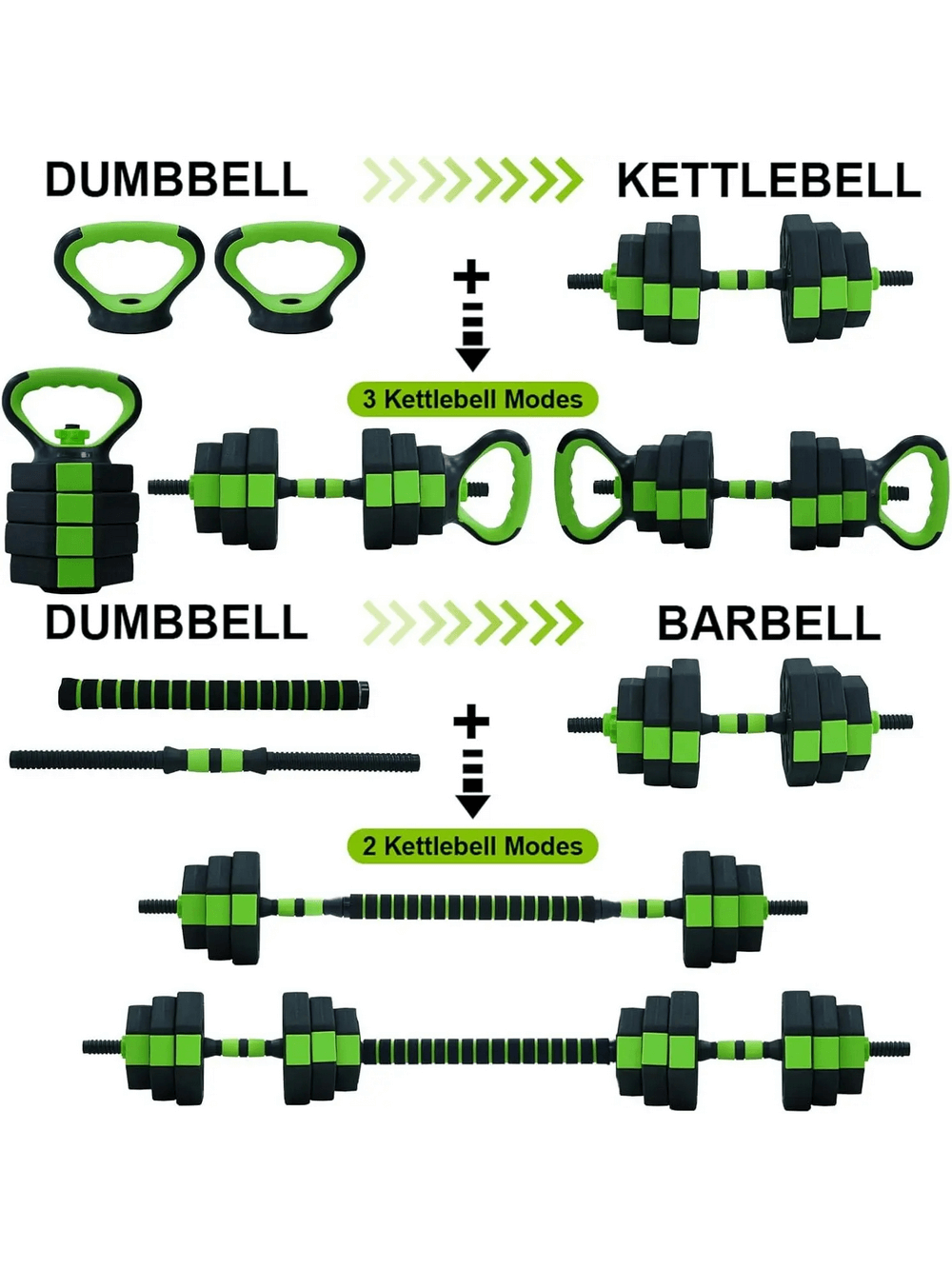 Adjustable 4-in-1 weight set transforming into dumbbells, kettlebells, and barbells for versatile home workouts. Model SF3327.