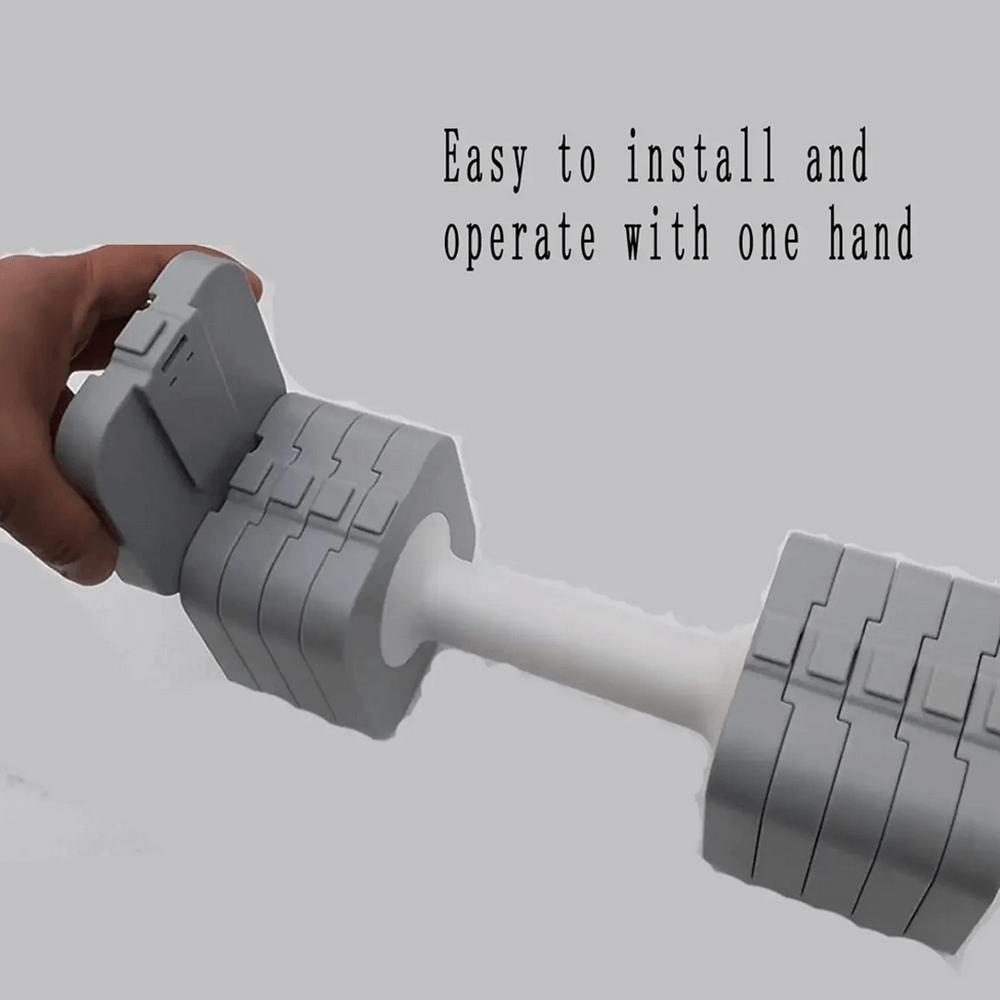 Compact adjustable dumbbell with quick-change system for strength training, easy one-hand operation.