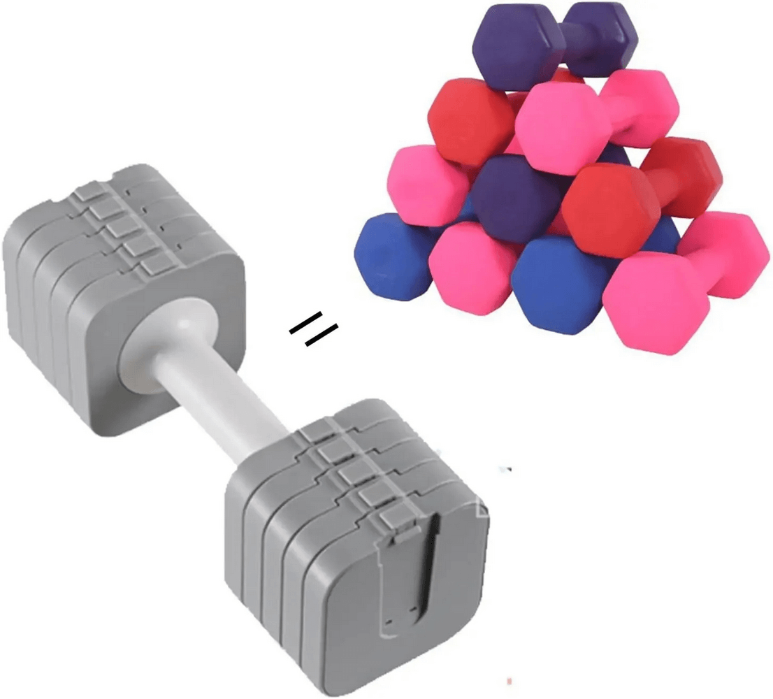 Adjustable dumbbell SF3368 for home fitness, compact weights shown with colorful counterparts, ideal for efficient strength training.