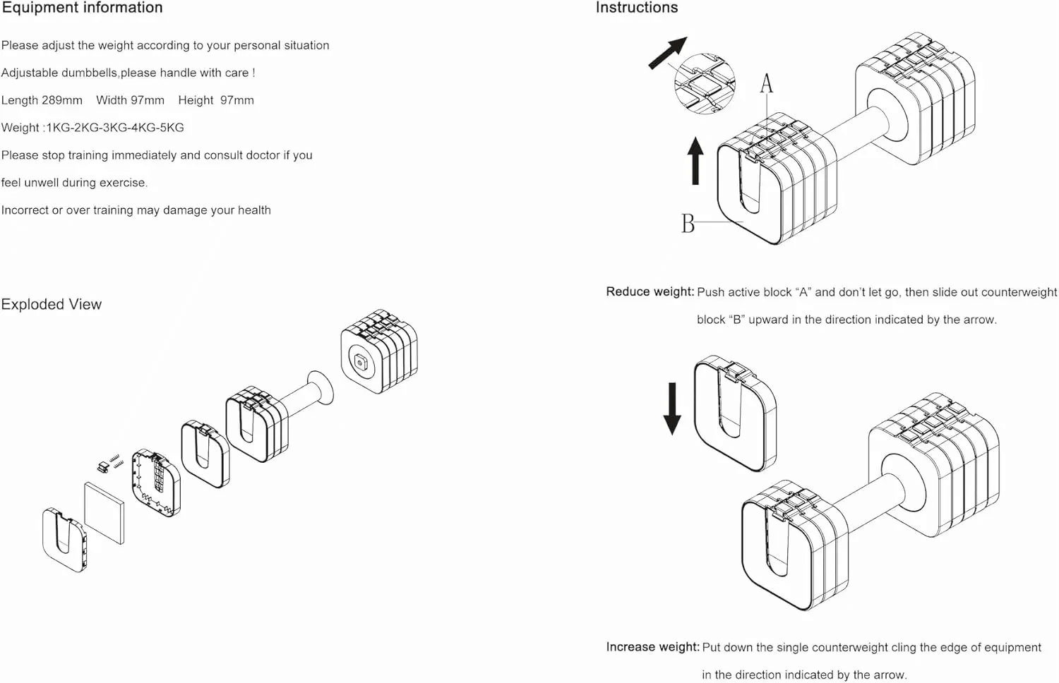Illustration showing the assembly and use of adjustable dumbbell SF3368 for home fitness, with quick-change weight instructions.