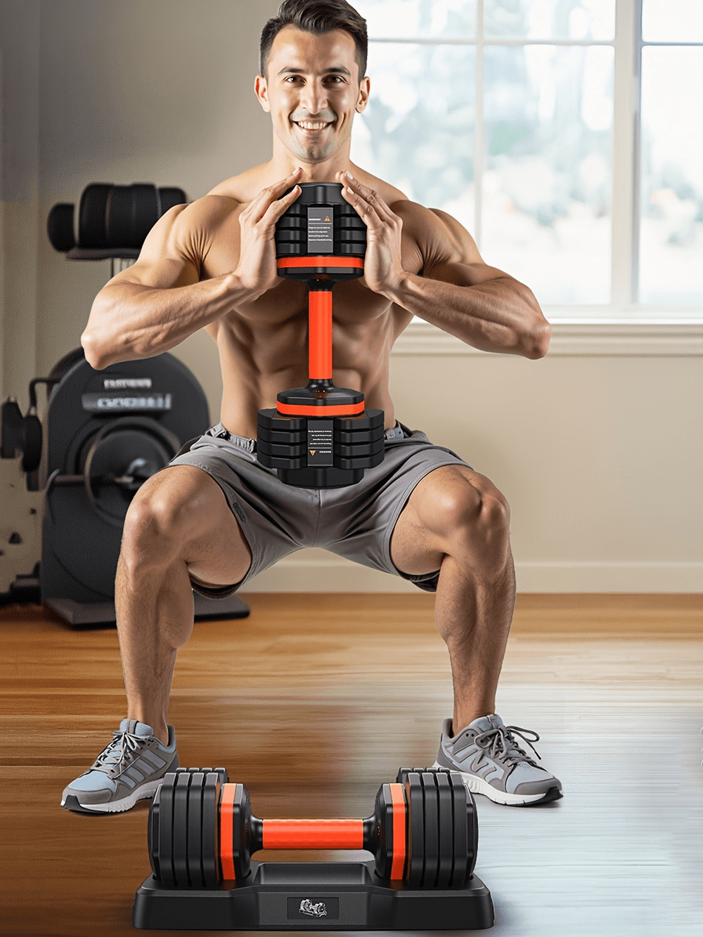 Man using adjustable dumbbell set SF2918 in home gym for squats. Multi-function free weights for versatile fitness training.