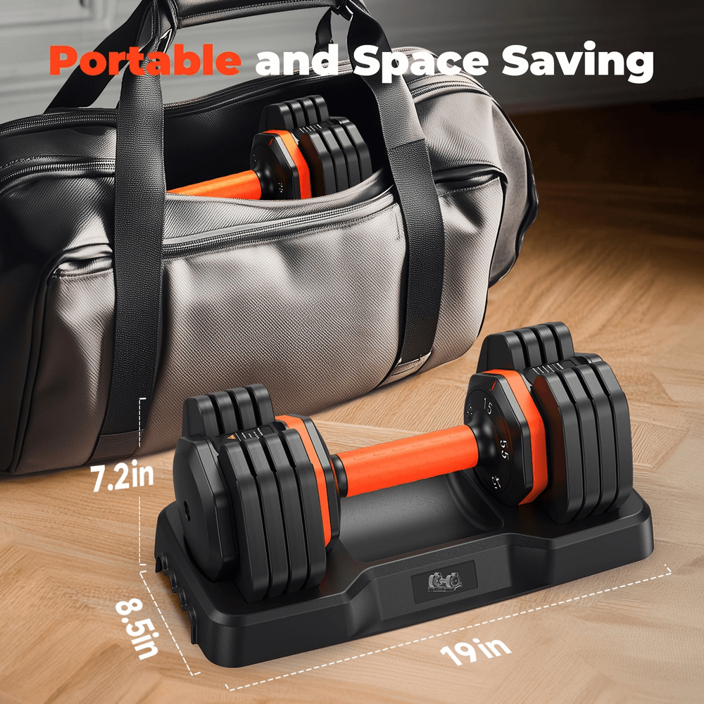 Portable adjustable dumbbell set SF2918 with quick-adjust dial, shown next to a gym bag, ideal for home gym and space-saving fitness.