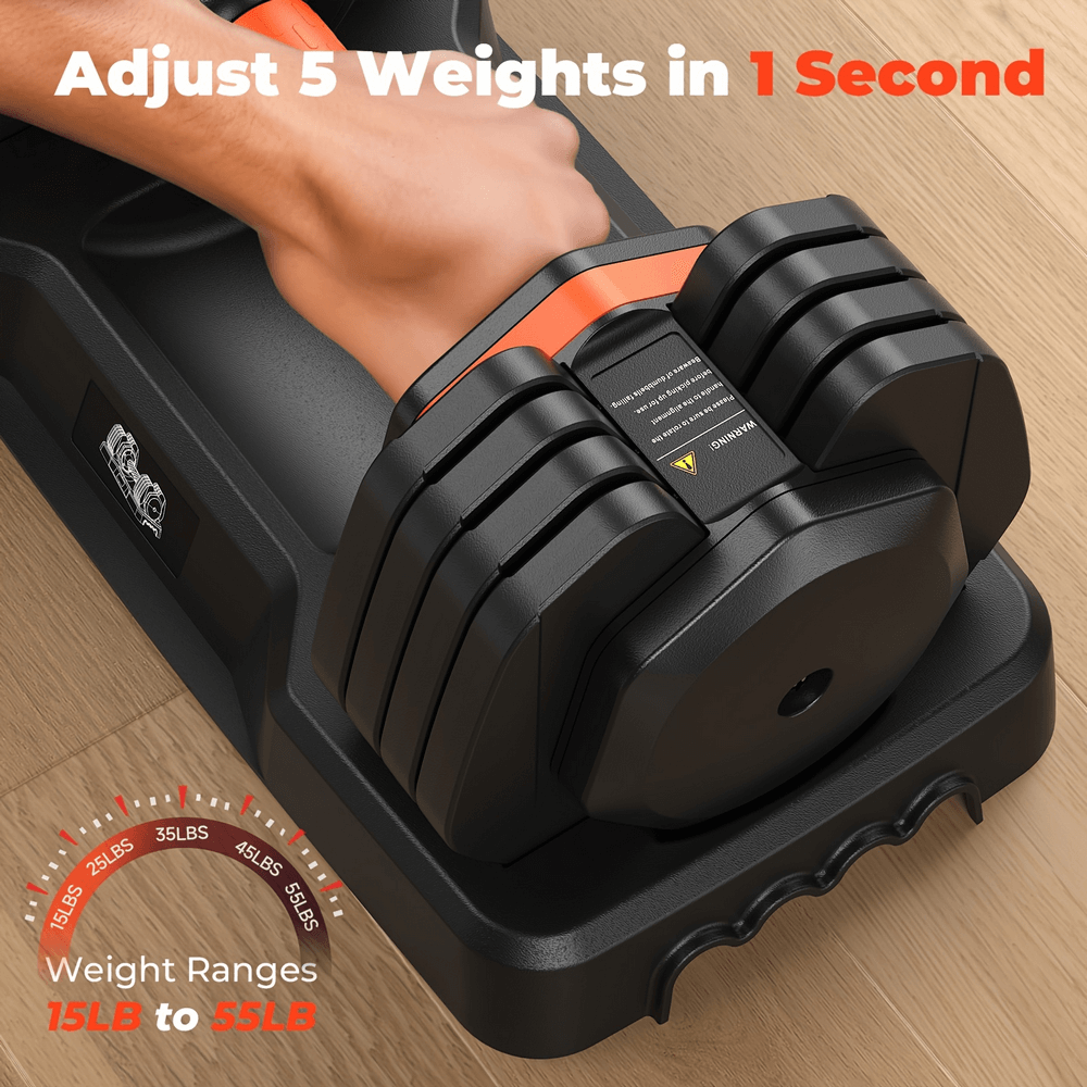 Hand using adjustable dumbbell set SF2918 with quick dial system for home gym workout, 15lb to 55lb, versatile fitness equipment.