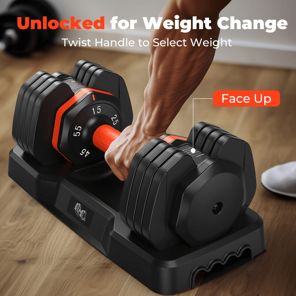 Close-up of adjustable dumbbell set SF2918 in use, featuring quick-adjust dial system for versatile weight change during workouts.