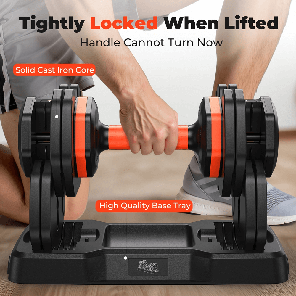 Man adjusting adjustable dumbbell set SF2918 in home gym with cast iron core and base tray