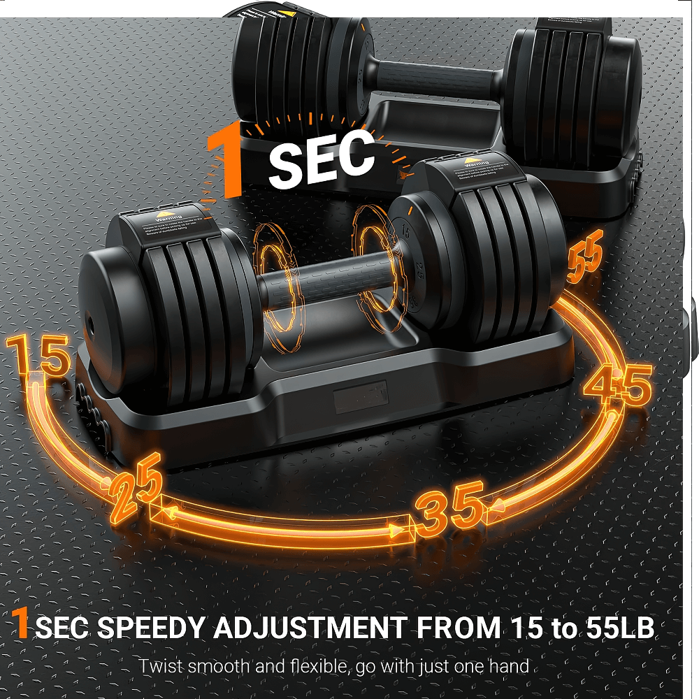 Adjustable dumbbell set with quick-adjust system, featuring anti-slip grip, transitioning from 15 to 55 pounds in one second.