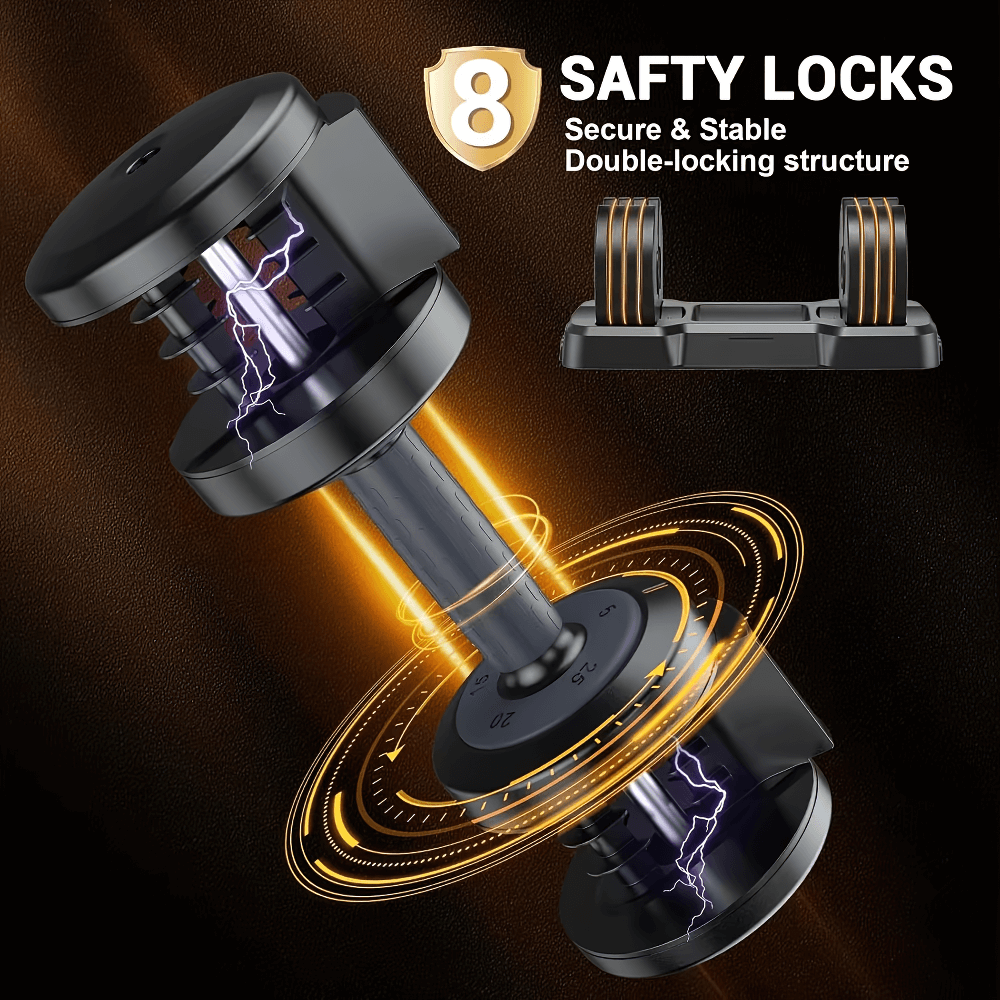 Illustration of adjustable dumbbell with anti-slip grip and 8 safety locks for secure double-locking structure.