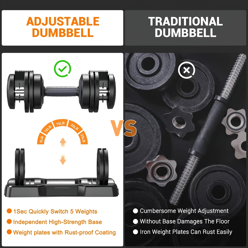 Comparison of adjustable dumbbell set with quick-adjust feature vs traditional weights, highlighting ease and rust resistance.