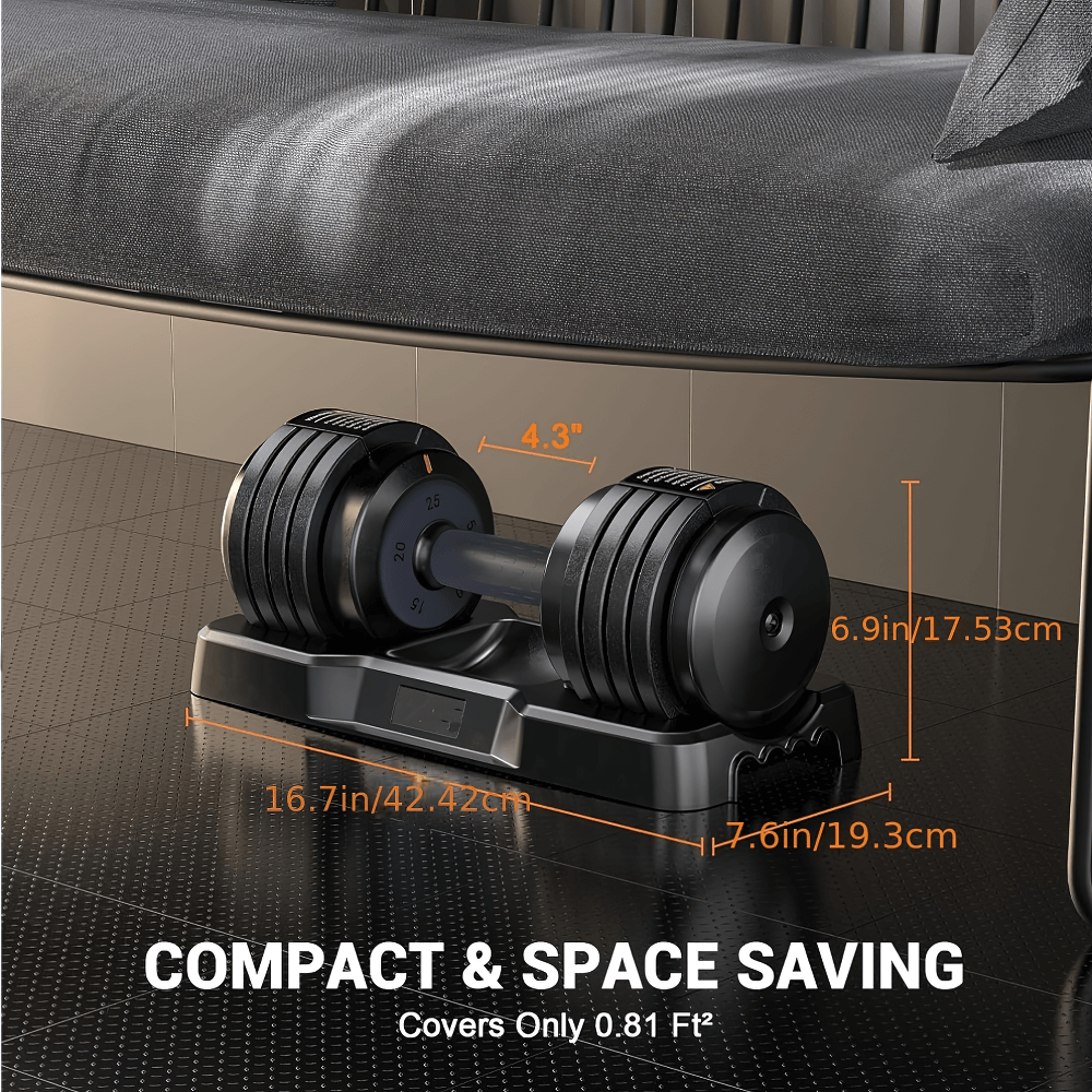 Compact adjustable dumbbell set SF2924 with anti-slip grip, showcasing dimensions and space-saving design for home gyms.