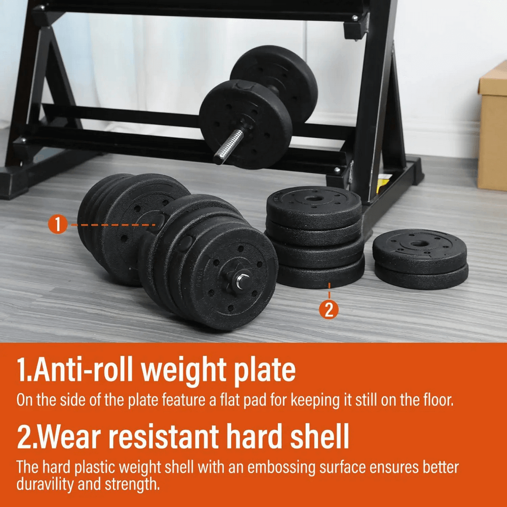 Adjustable dumbbell set with anti-roll weight plates and wear-resistant hard shell, perfect for home workouts.