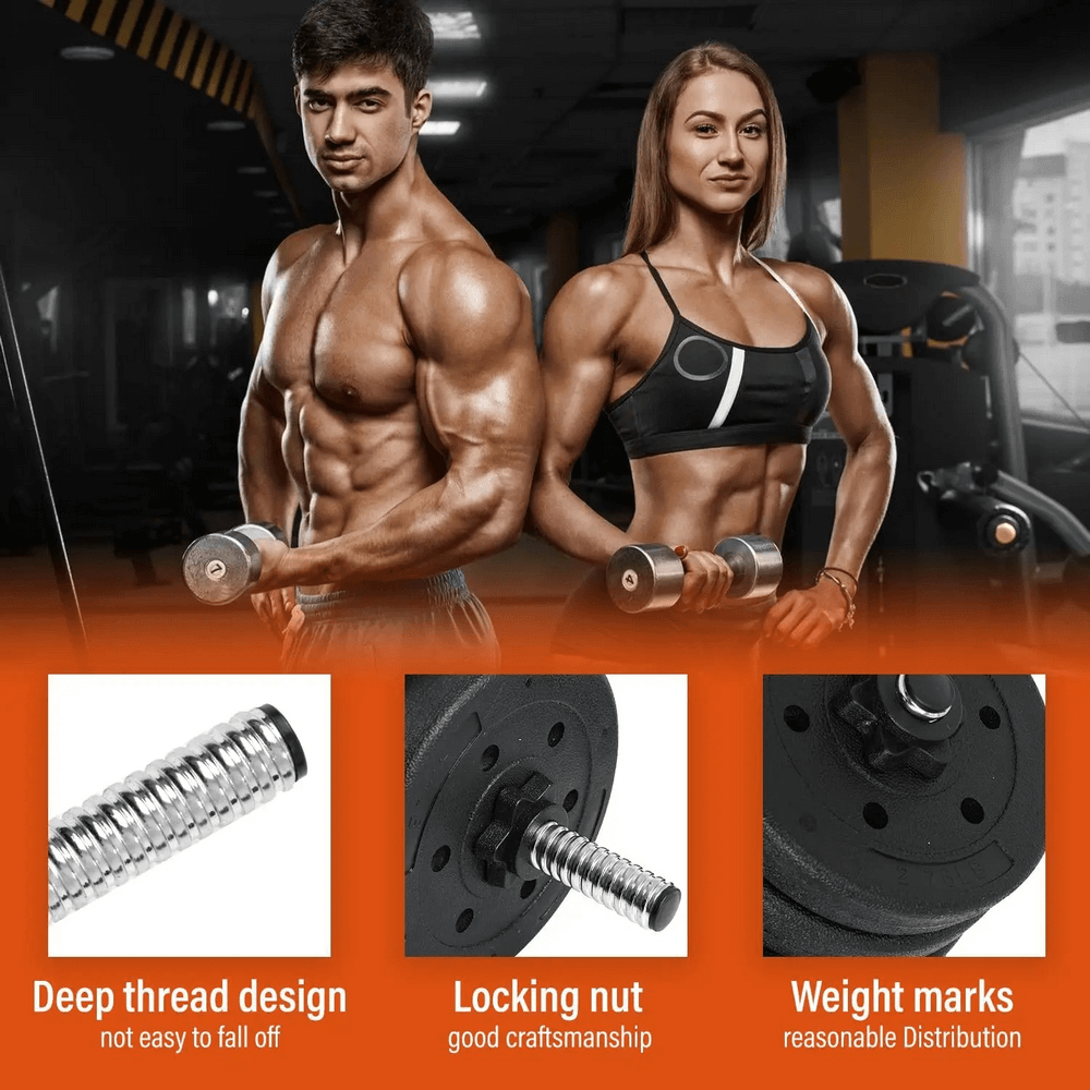 Two athletes with adjustable dumbbells demonstrating fitness with close-up of deep thread design, locking nut, and weight marks.