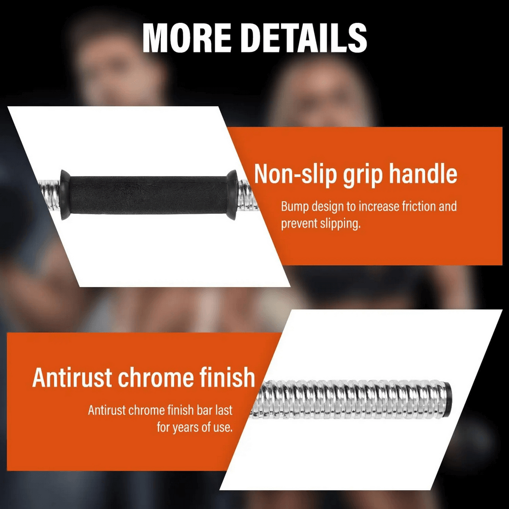 Close-up of adjustable dumbbell set handle, featuring non-slip grip and anti-rust chrome finish, designed for secure and durable workouts.