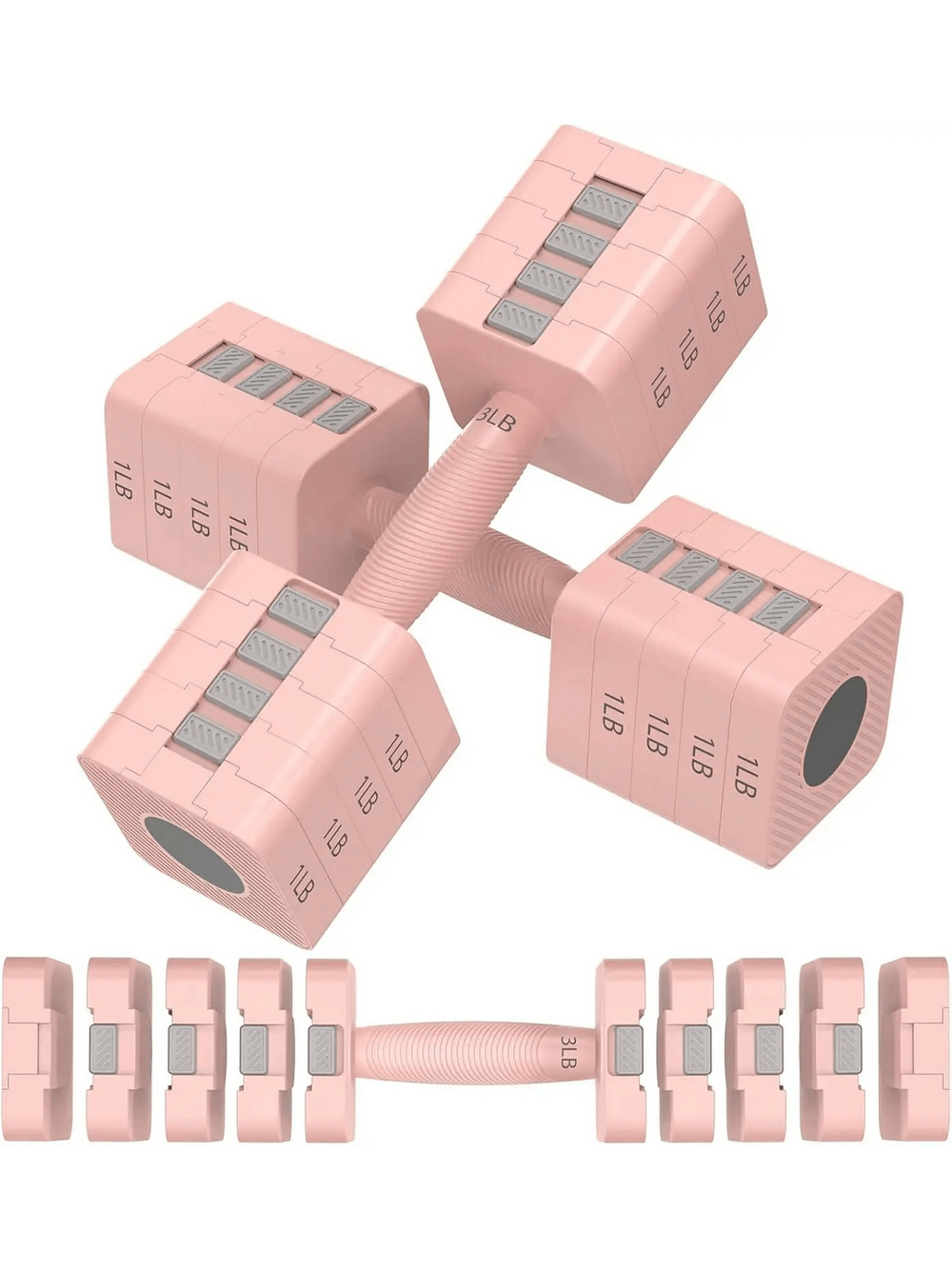 Adjustable pink dumbbell set SF3377 for home gym training with quick weight change feature from 1LB to 11LB, compact and durable.