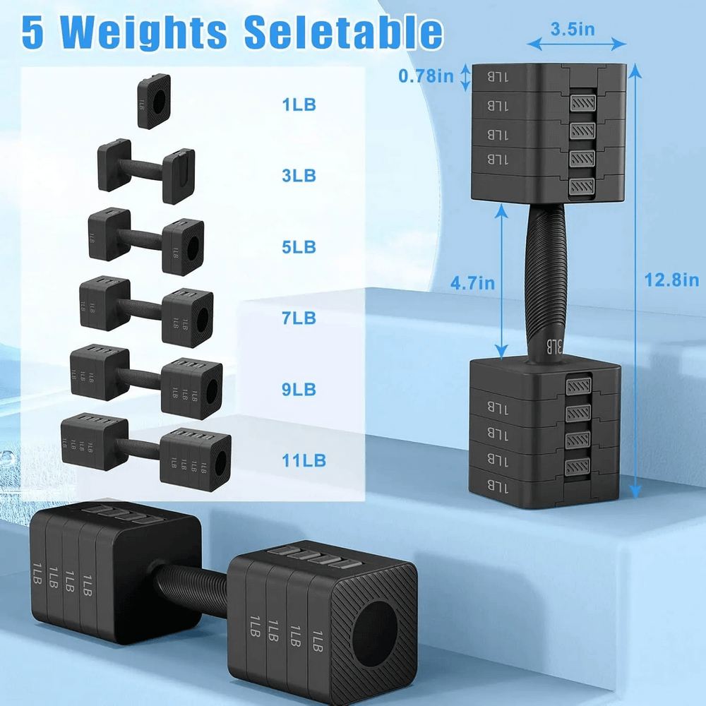 Adjustable dumbbell set SF3377 with quick weight change from 1LB to 11LB, featuring anti-slip handles and compact design for home workouts.