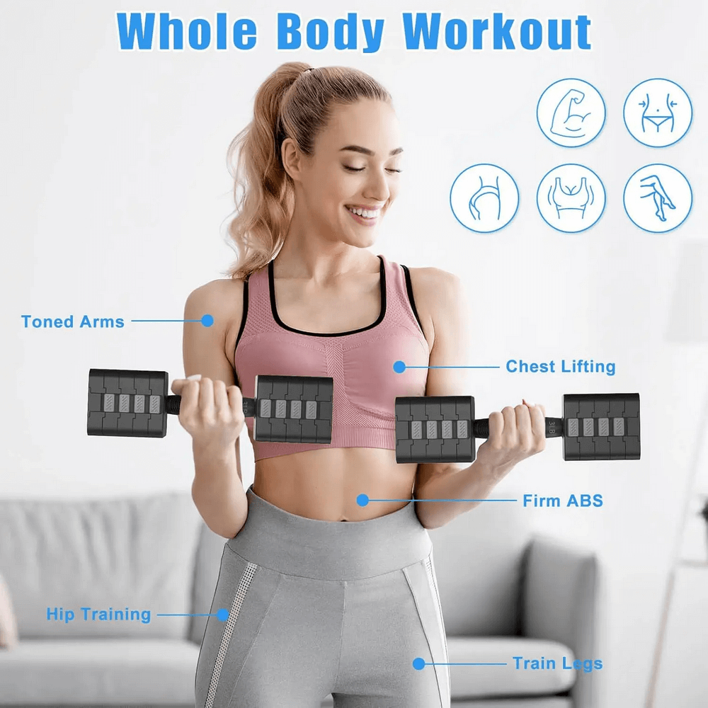 Woman exercising with adjustable dumbbells highlighting workout areas for toned arms, chest lifting, firm abs, hip training, and leg workout.
