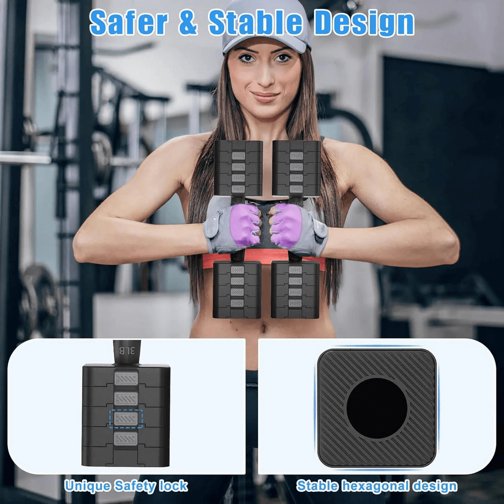 Woman in gym holding hexagonal adjustable dumbbells with safety lock, promoting a safer and stable design for home workouts.