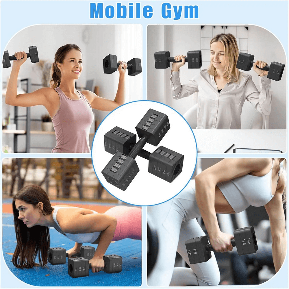 Women exercising with adjustable dumbbell set SF3377, perfect for home gym, featuring quick weight adjustment from 1LB to 11LB.