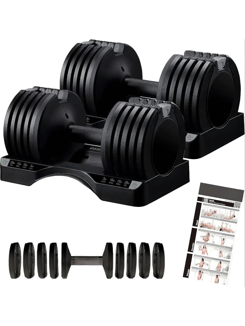 Adjustable Dumbbell Set SF3338 with Compact Design for Home Gym, 5-25 lbs, includes weight base and workout guide for strength training.