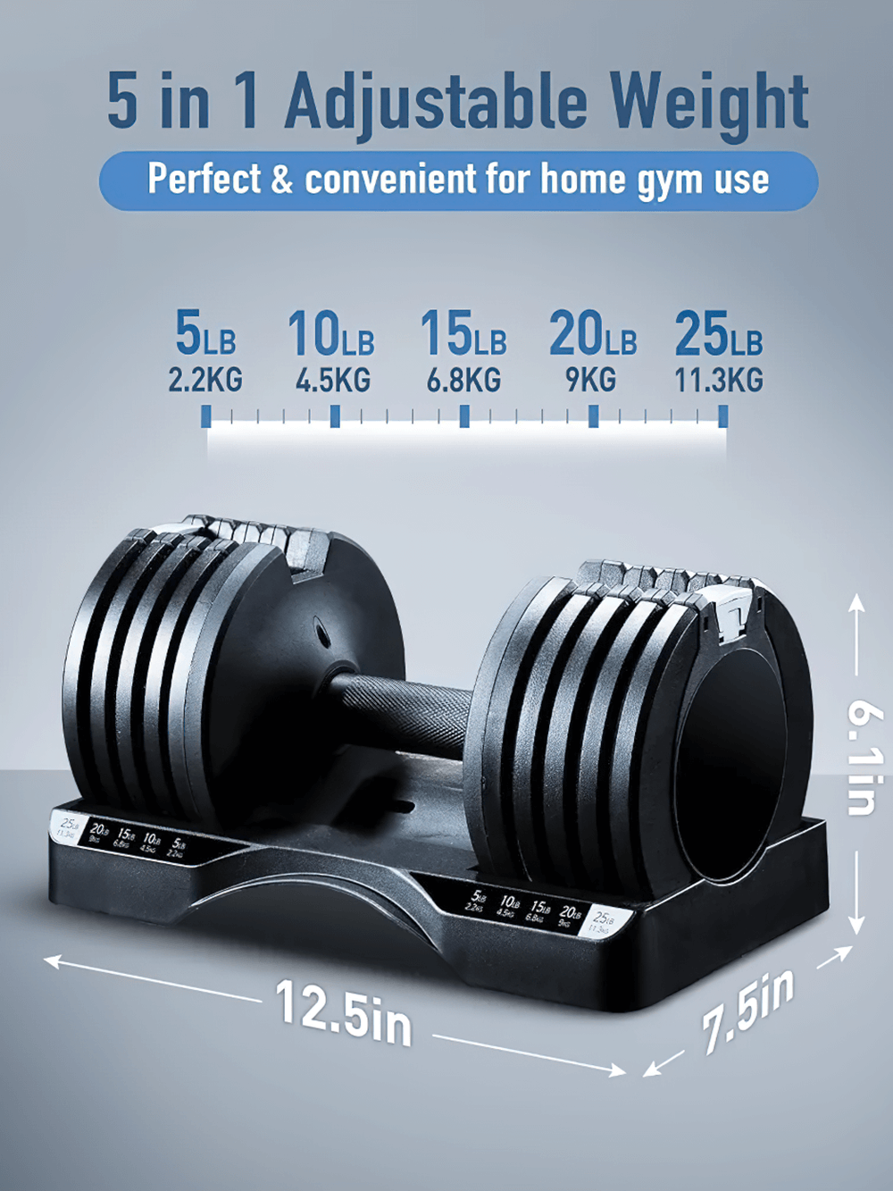 5-in-1 adjustable dumbbell set for home gym, 5-25 lbs range, space-saving design for strength training, endurance, and body sculpting.