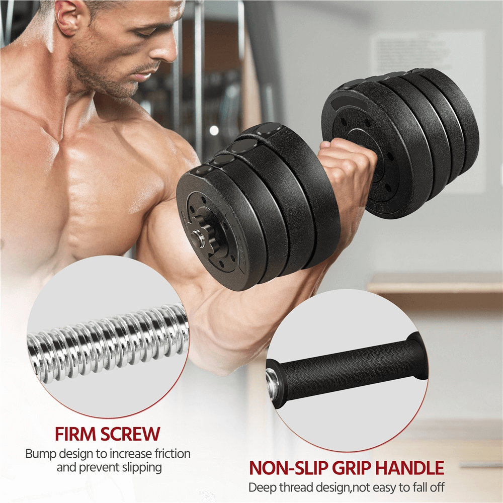 Man using adjustable dumbbell set SF2934 with ergonomic handle for weightlifting and muscle building in home gym.