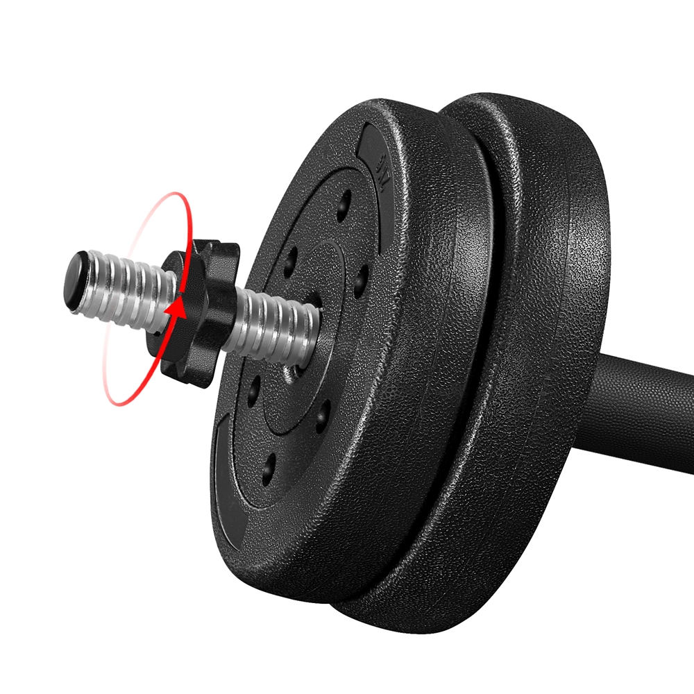 Close-up of adjustable dumbbell with weight plates and secure locking collar, perfect for strength training and weightlifting workouts.