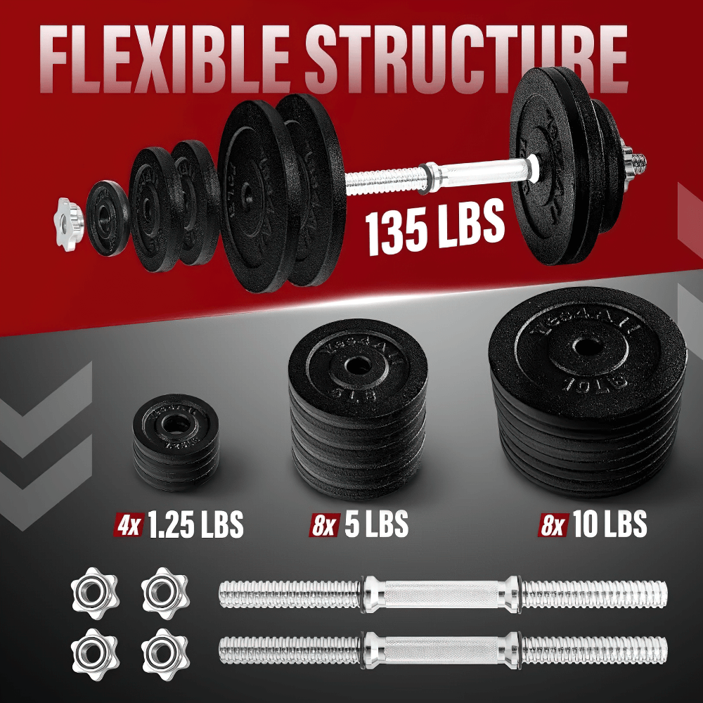 Adjustable dumbbell set with flexible structure, includes weight plates for a total of 135 lbs, perfect for home gyms and strength training.
