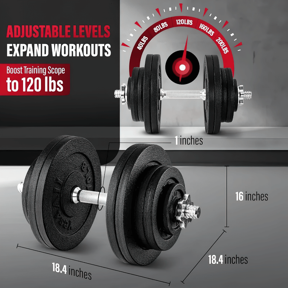 Adjustable Dumbbell Set SF3371 with 120 lbs weight expansion, durable cast iron, non-slip grip, perfect for home workouts.