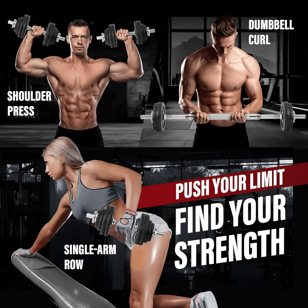 Men and women using adjustable dumbbell set SF3371 for shoulder press, dumbbell curl, and single-arm row exercises in gym setting.