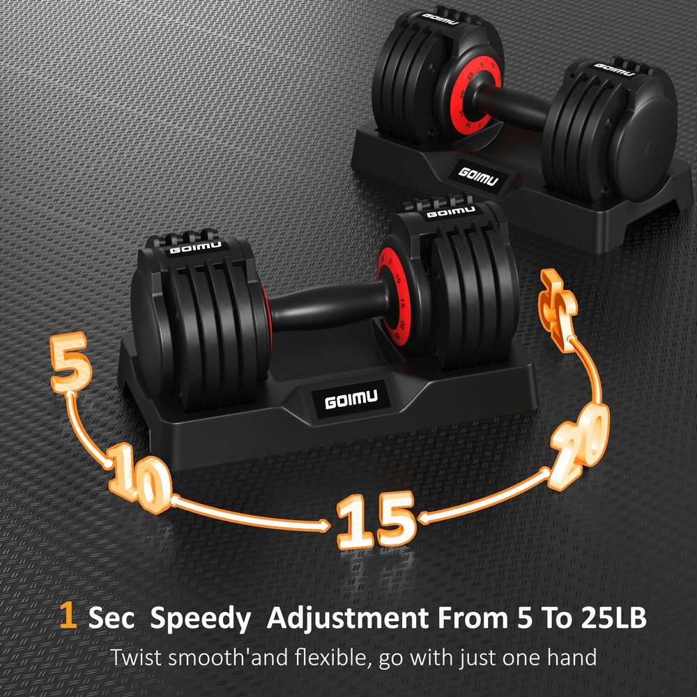 Adjustable dumbbell with quick dial for 5-25LB weight changes, non-slip grip for strength training, and space-saving design for home gyms.