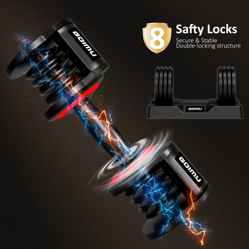 Electric adjustable dumbbell with quick-adjust dial and safety locks, ideal for strength training, 5-25LB range, space-saving design.